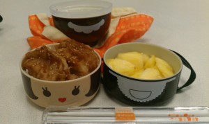 Work bento (potstickers, rice and pineapple)